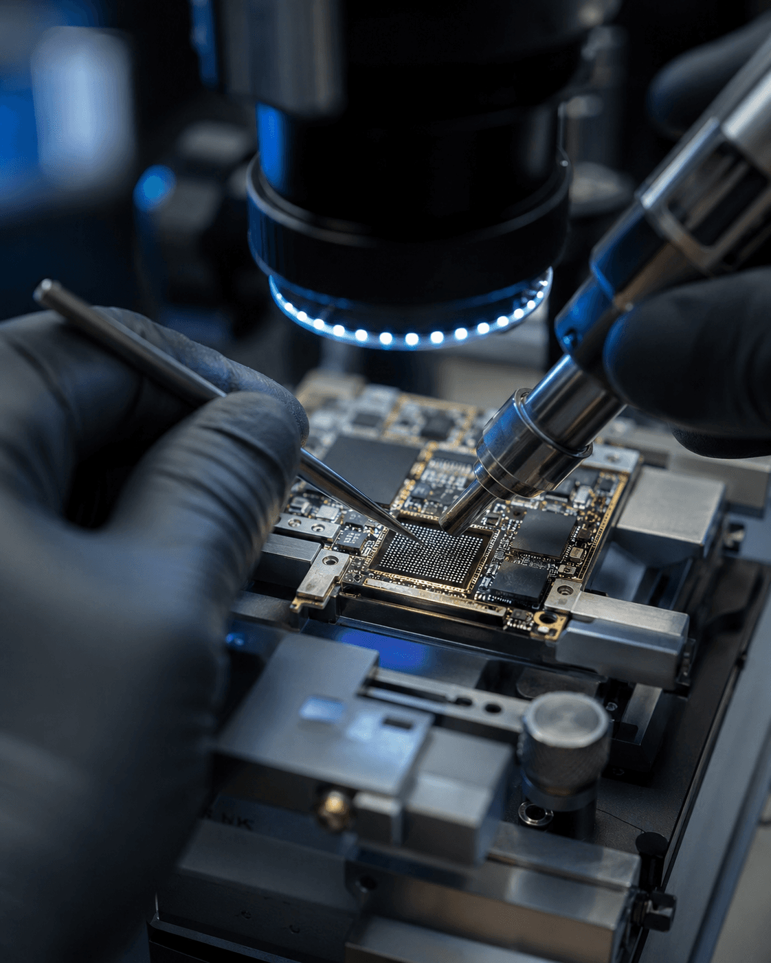 Präzise Mikroskop-Reparatur an einem Smartphone-Mainboard in der gsmfactory Erfurt